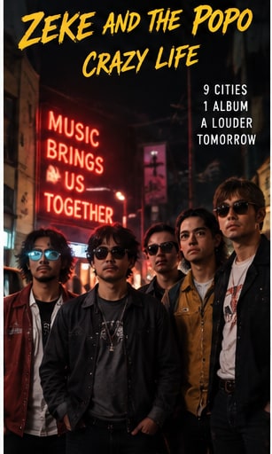 Zeke and The Popo Indonesian band members standing together under glowing neon city signs.