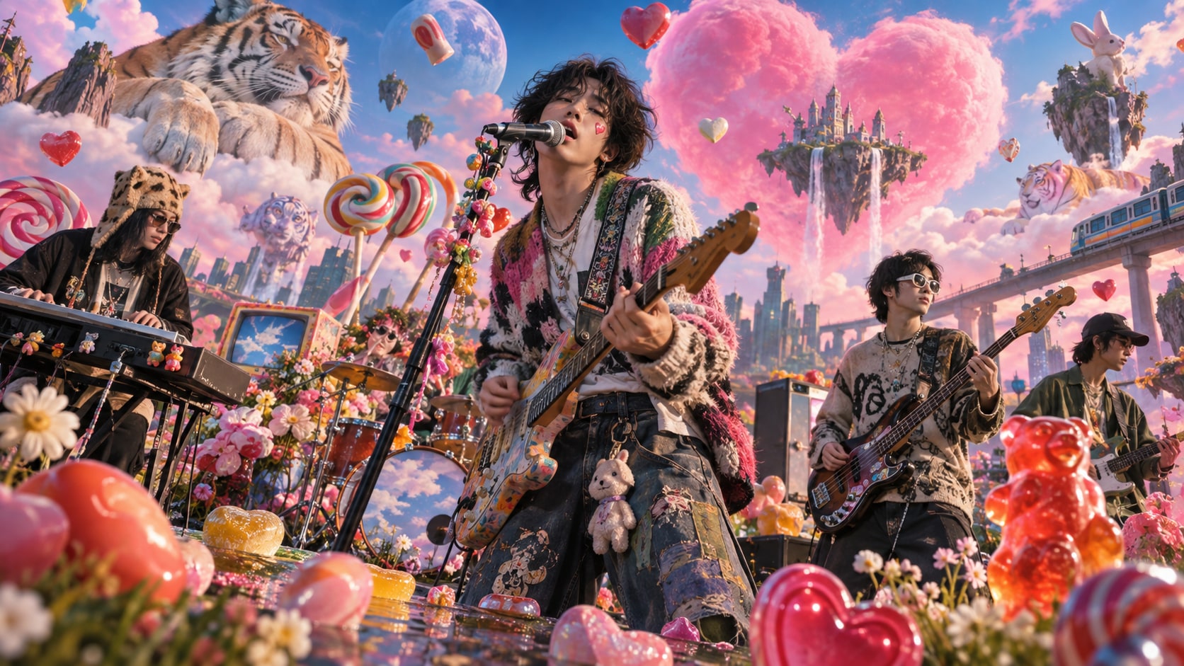 Wonjin and backing band performing in a colorful surreal landscape surrounded by giant candy, lollipops, and floating tigers.