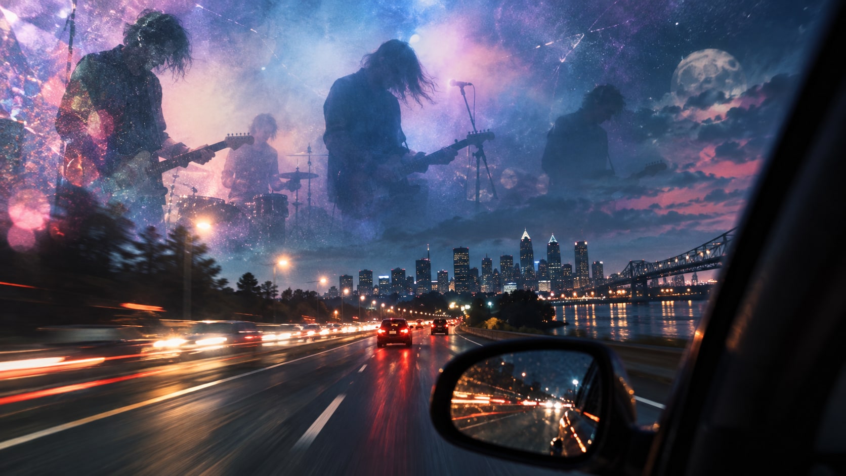 Night highway perspective from inside a touring car driving toward city skyline with celestial shoegaze band overlay.