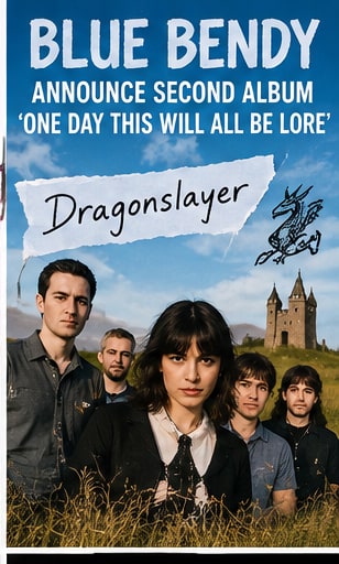 Blue Bendy band lineup card in front of a medieval countryside castle with Dragonslayer graphic.