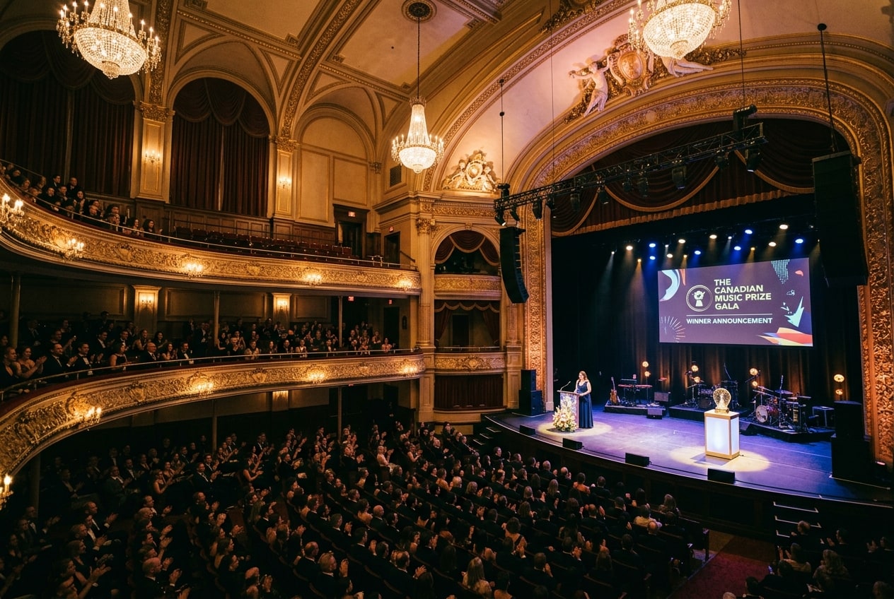 Toronto's Massey Hall glowing with warm chandeliers and stage illumination during the Polaris Music Prize gala.