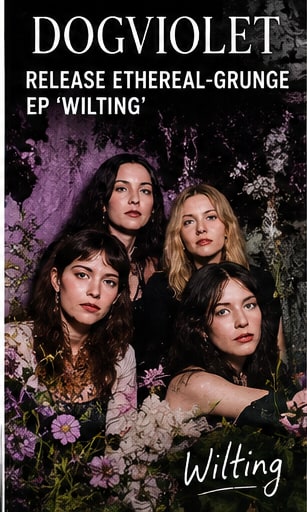 Dogviolet quartet band card portrait surrounded by atmospheric flora with Wilting EP branding.