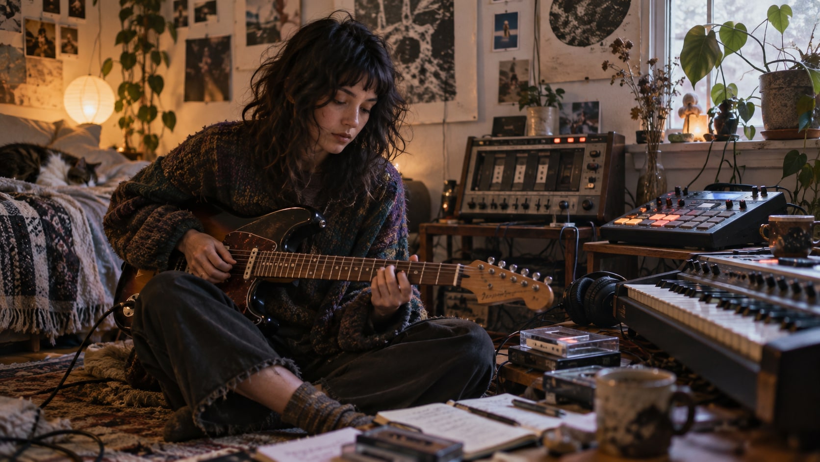 Catherine Elicson sitting cross-legged at home with an electric guitar, cassette four-track machine, and synthesizers.