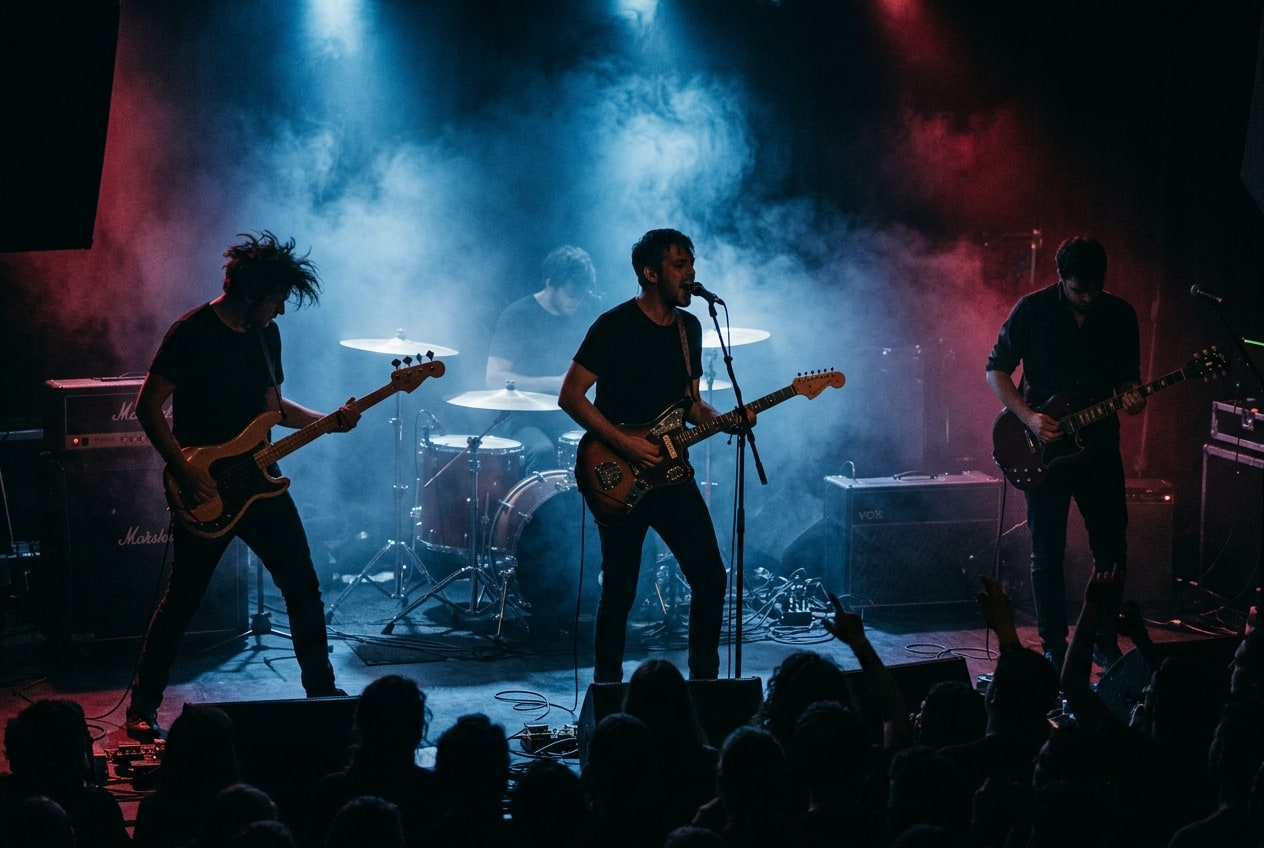 Fontaines D.C. performing on a dimly lit atmospheric stage bathed in dramatic blue and crimson light.