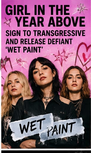 Girl In The Year Above card showing band members with punk rock stencil typography reading Wet Paint.
