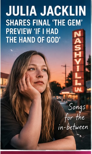 Julia Jacklin portrait card with Nashville motel sign backdrop and album title typography for The Gem.