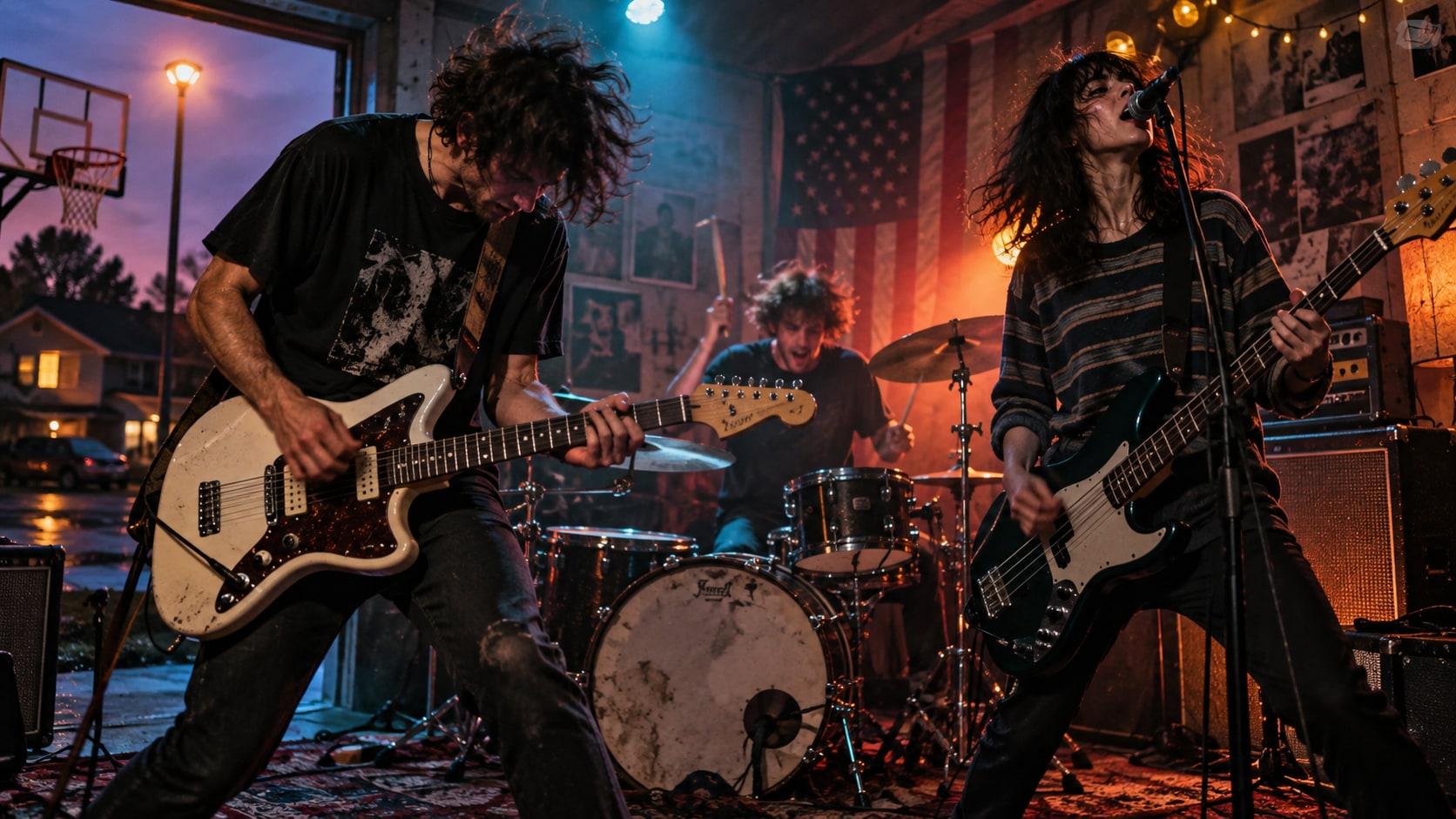Indie rock band Krill performing vigorously with electric guitars and drums in a garage setting with an American flag and basketball hoop outside.