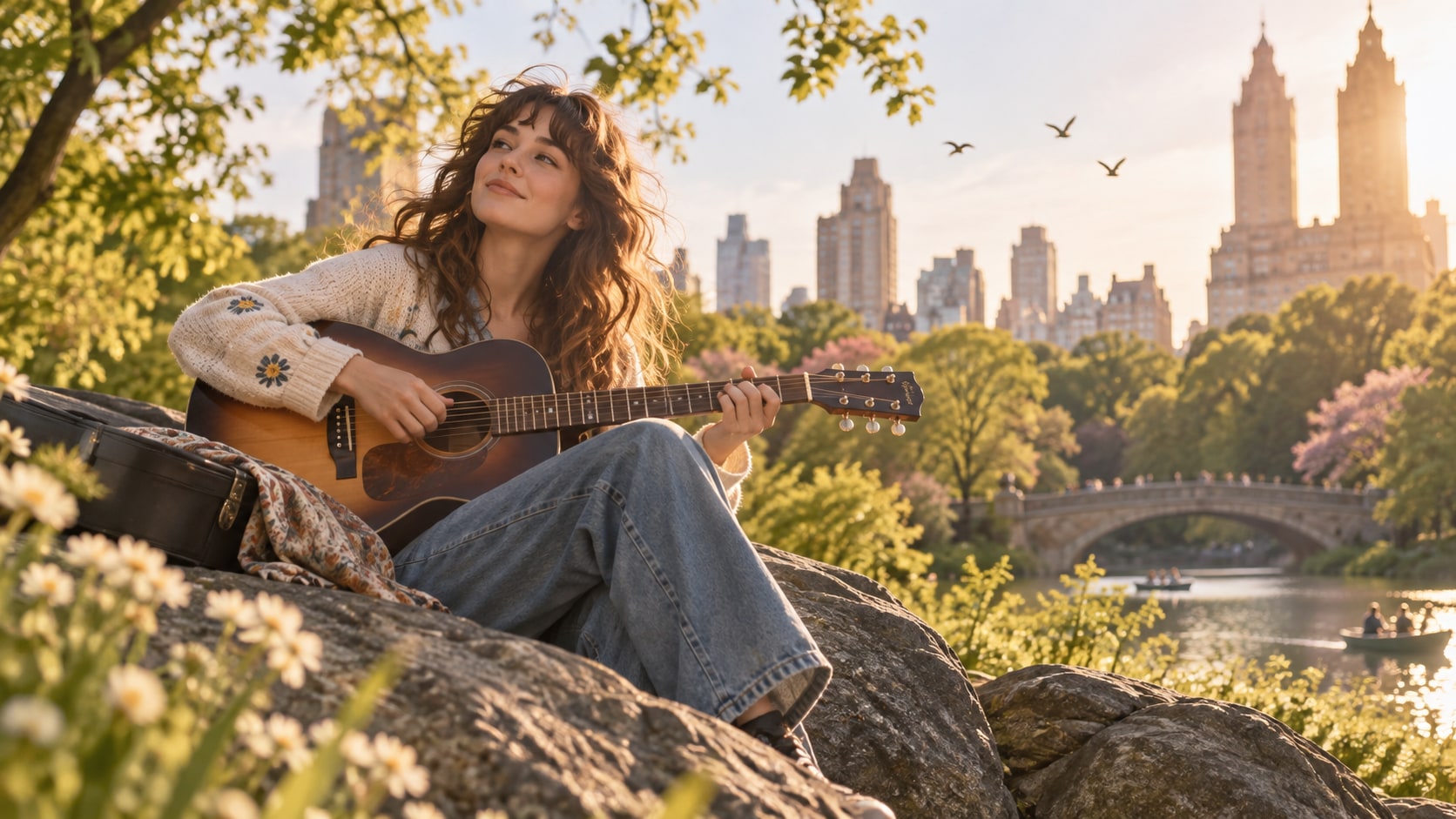 Lily Konigsberg smiling with an acoustic guitar sitting on a boulder in New York's Central Park in morning light.