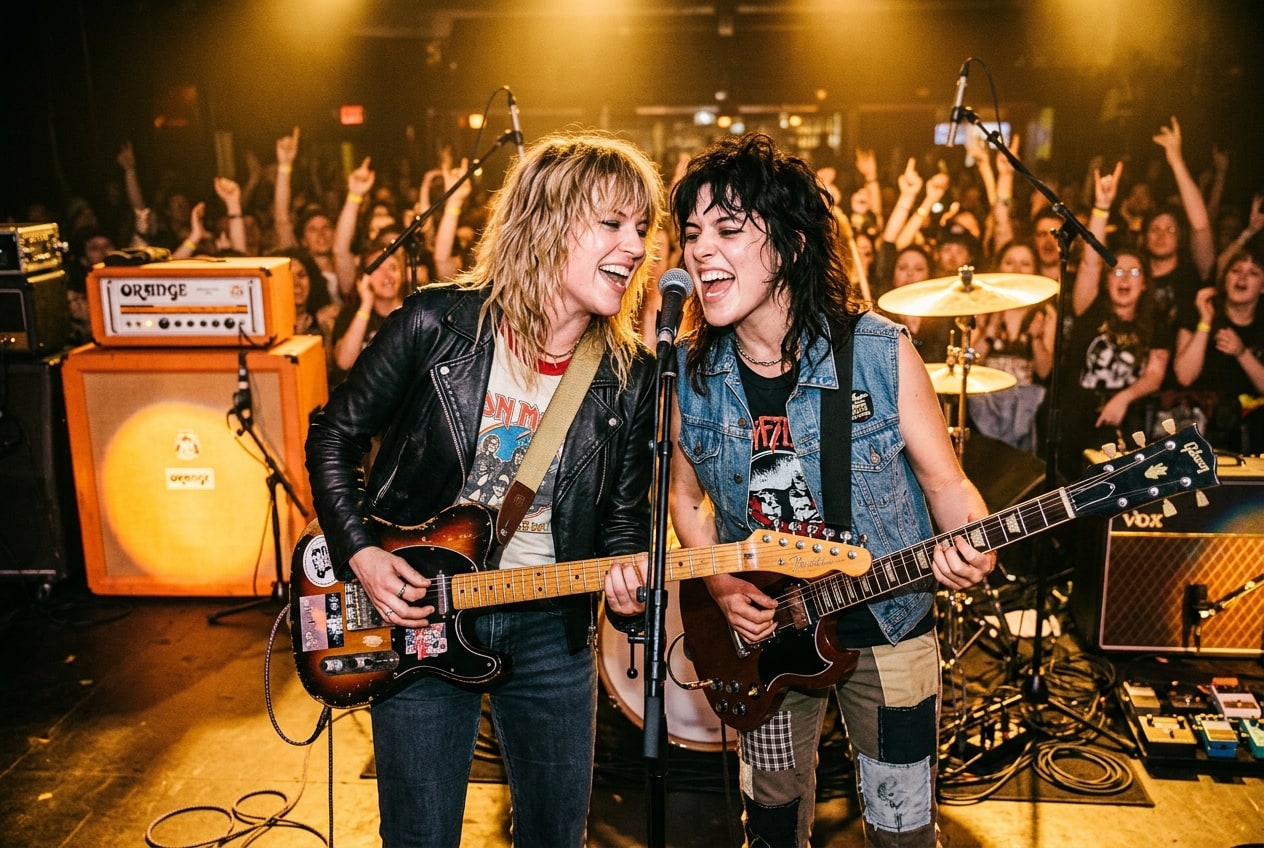 Liz Phair and Sleater-Kinney performing together at a shared microphone during a joyous rock encore.