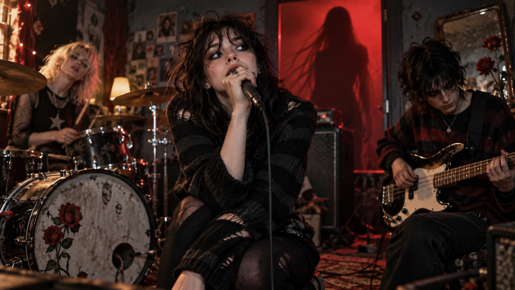 mary in the junkyard performing in studio with a dramatic red doorway revealing the shadowy silhouette of recurring visitor Jane.