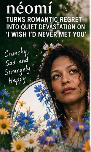 néomí portrait card holding a floral mirror reflecting meadow flowers for Crunchy, Sad and Strangely Happy.