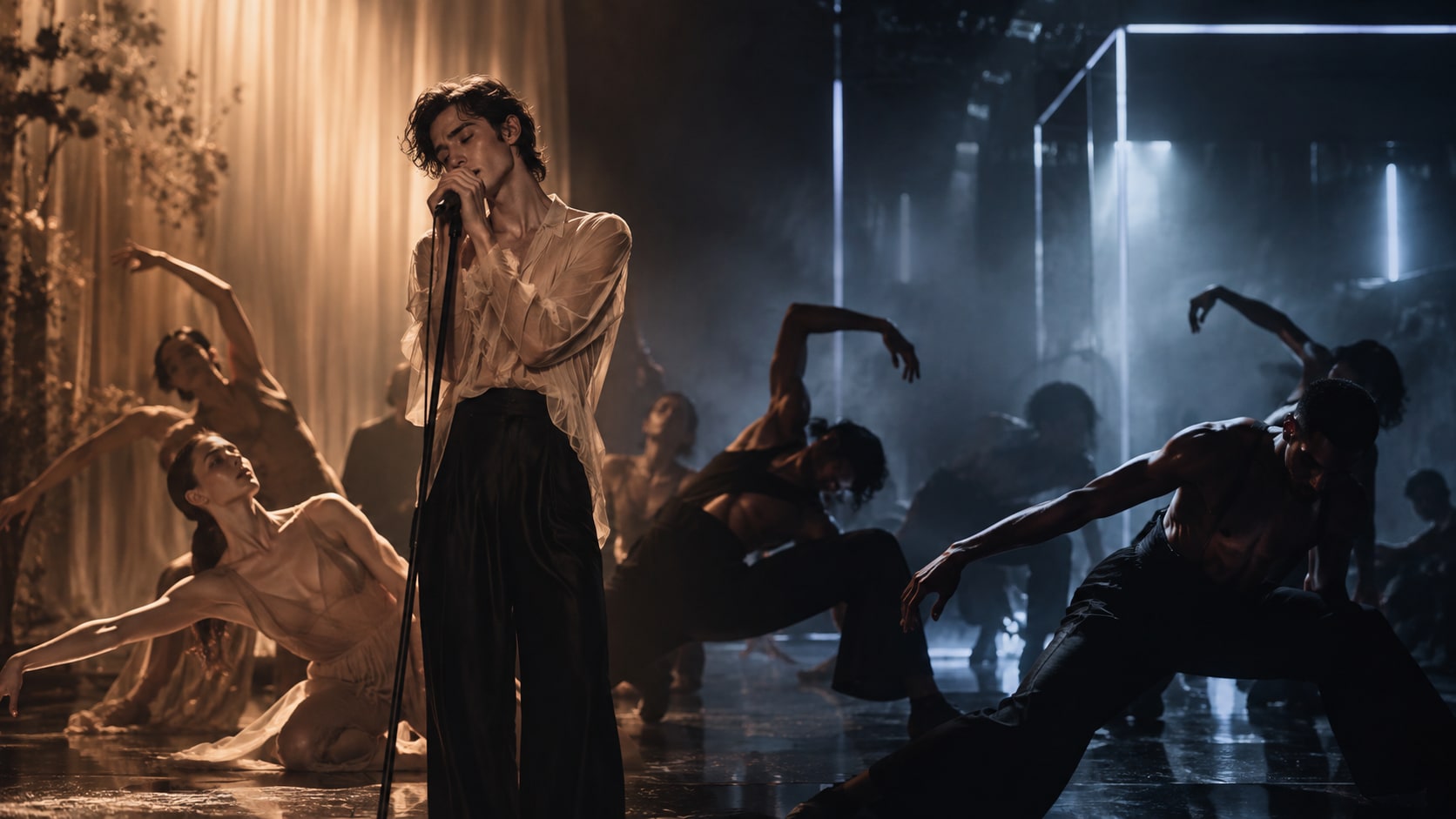 Perfume Genius vocalist performing passionately on a dramatic theatrical stage surrounded by expressive contemporary dancers.