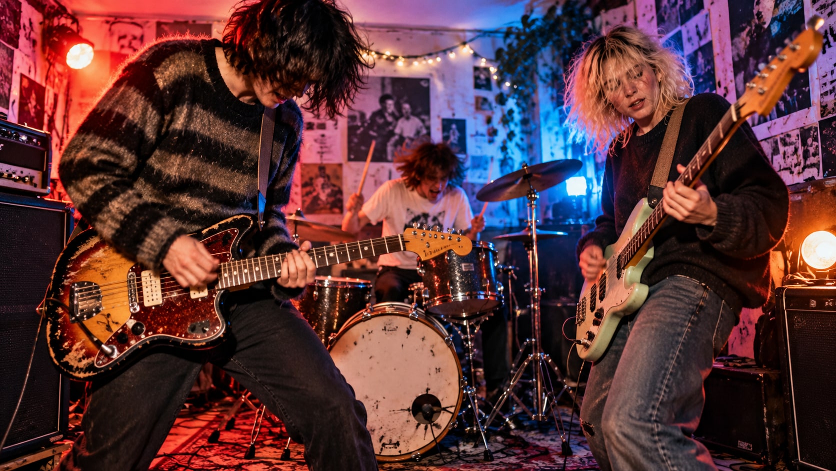 Pushbike trio rehearsing passionately with vintage offset guitars and drum kit in a warmly lit rehearsal studio.