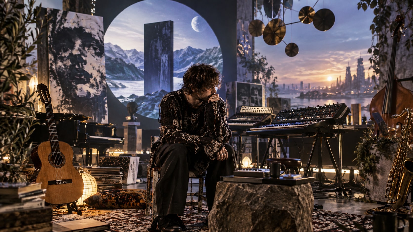 Quadeca seated pensively in a surrealist studio filled with acoustic flamenco guitars, piano, upright bass, and modular synthesis equipment.