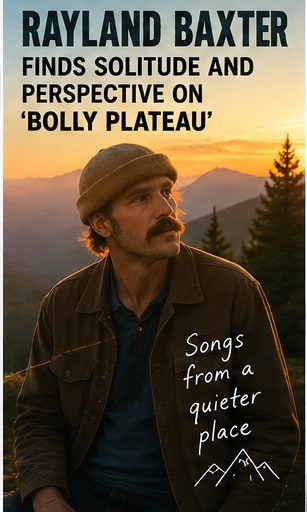 Rayland Baxter card in knit beanie overlooking a sunlit mountain ridge with Songs from a quieter place caption.