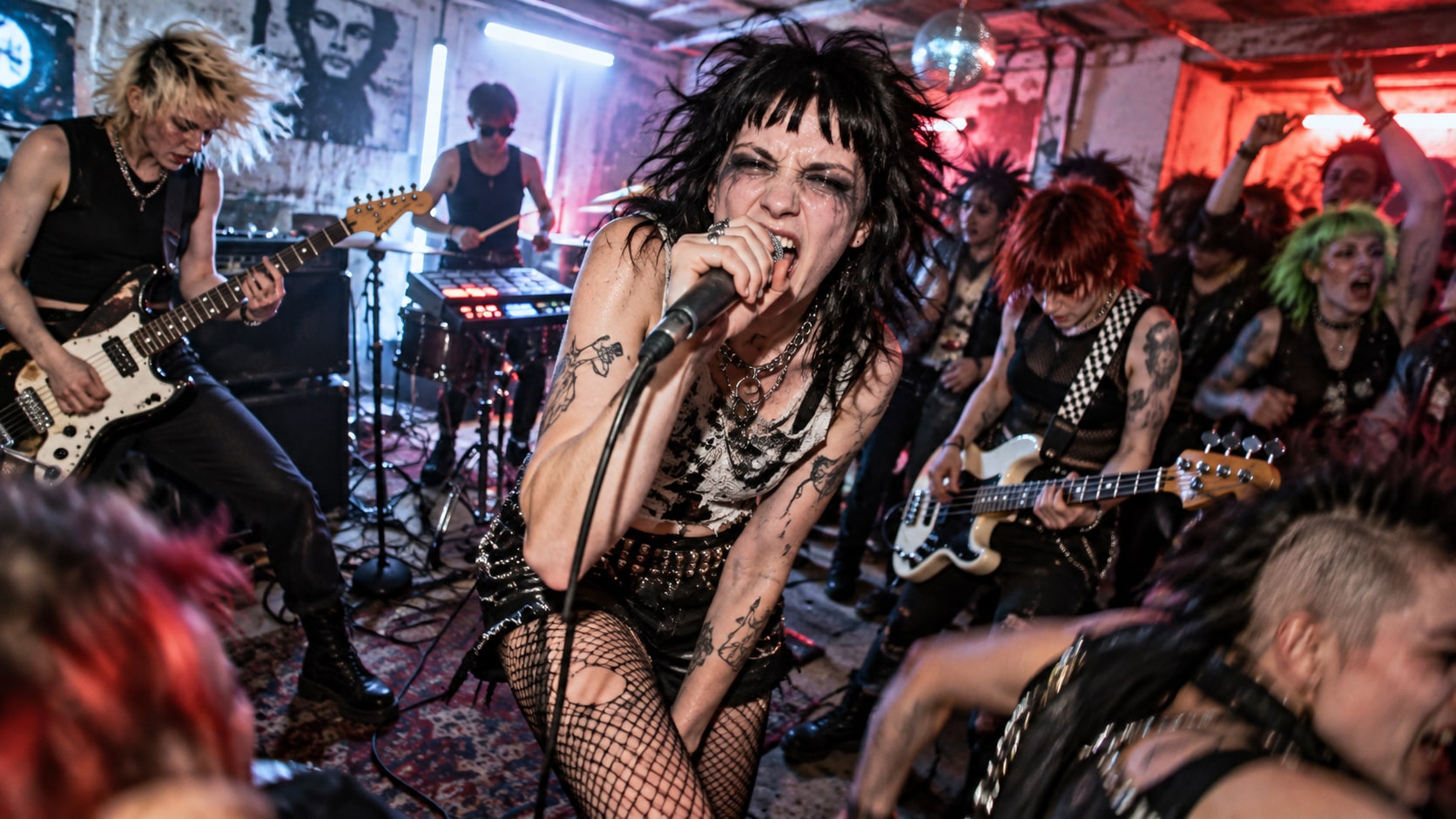 Snooper vocalist delivering intense shouted vocals during an energetic basement punk gig with neon tube lighting.