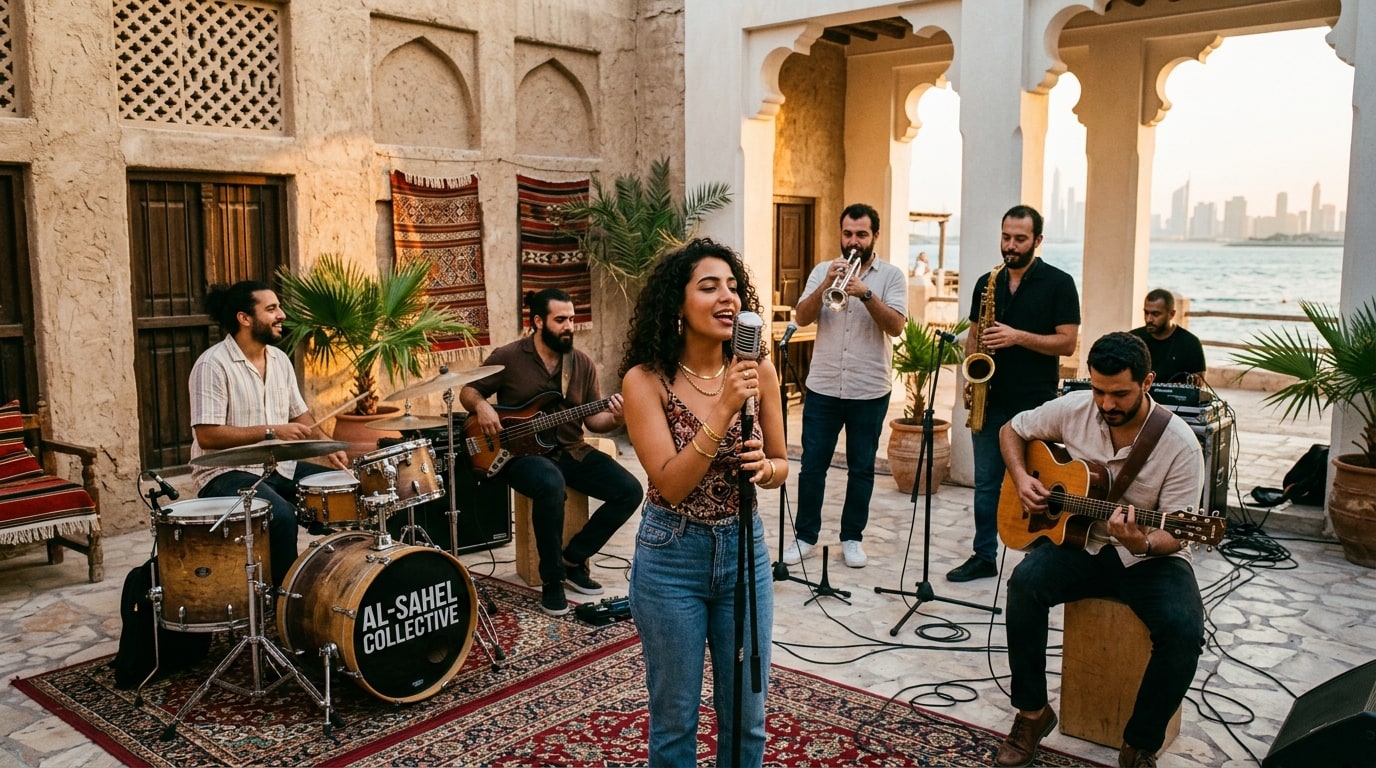 Abri & The Everlasting performing live in an open-air courtyard in Dubai with vocals, drums, bass, guitar, and brass.