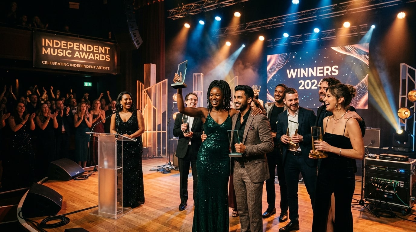 Musicians and industry figures celebrating on stage with trophies at the 2026 AIM Independent Music Awards.