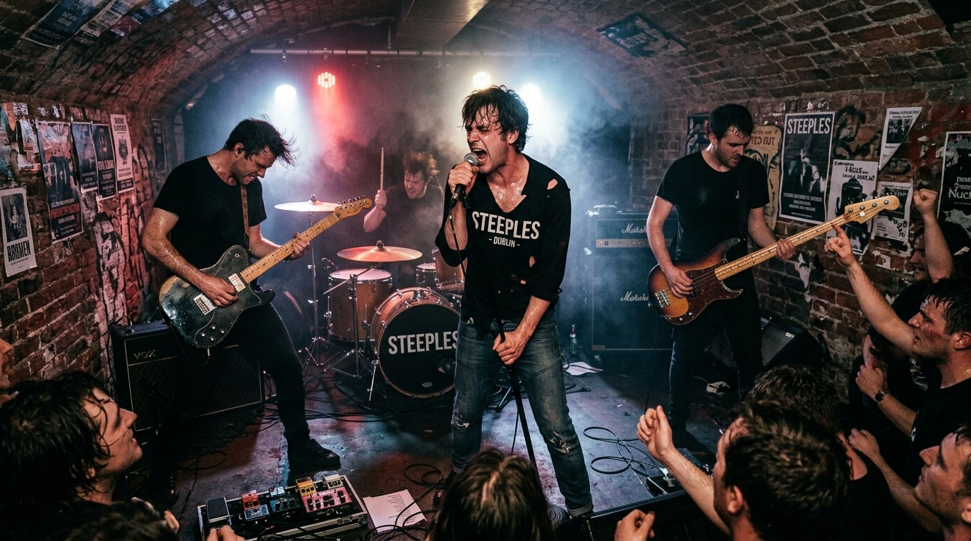 Irish post-punk band Basht performing with intense energy on an arched brick basement stage.