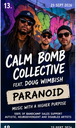Tile 13: Calm Bomb Collective with Doug Wimbish in front of vibrant graffiti art for single Paranoid.