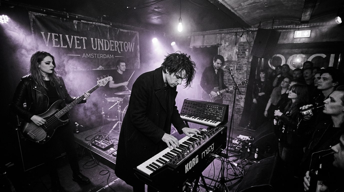 Darkwave band Clan Of Xymox performing in a dimly lit underground club with vintage synths and moody violet stage lights.