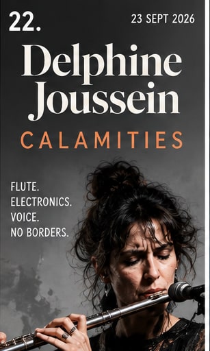Tile 22: Delphine Joussein intensely playing the flute connected to electronic effect pedals and cables.