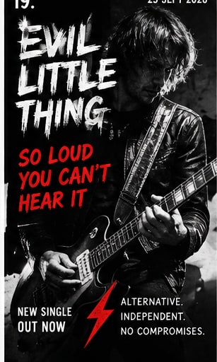 Tile 19: Rock musician in leather jacket aggressively playing an electric guitar under red lightning accents.