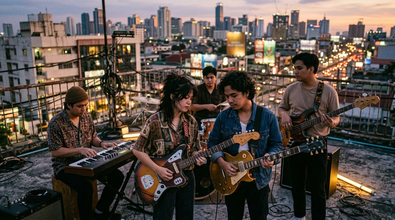Filipino indie band Nior posing with guitars and keyboards on a Manila urban rooftop at dusk.
