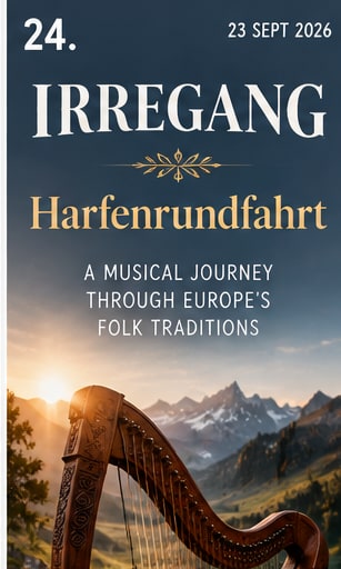 Tile 24: Traditional acoustic harp standing in an alpine meadow with a wooden sign reading 'Jigs Ballads Traditions'.