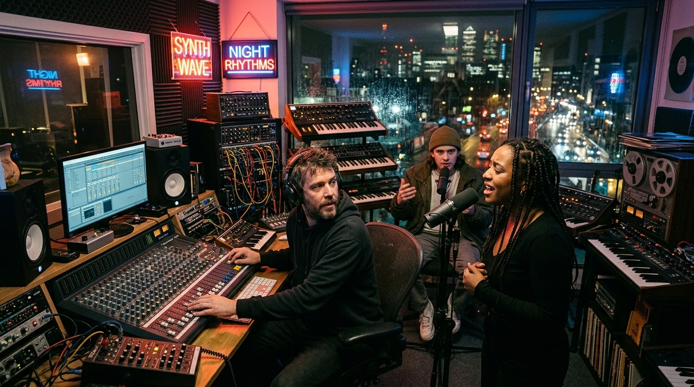 Electronic producer Jam City working with vocalists in an atmospheric studio overlooking city night lights.