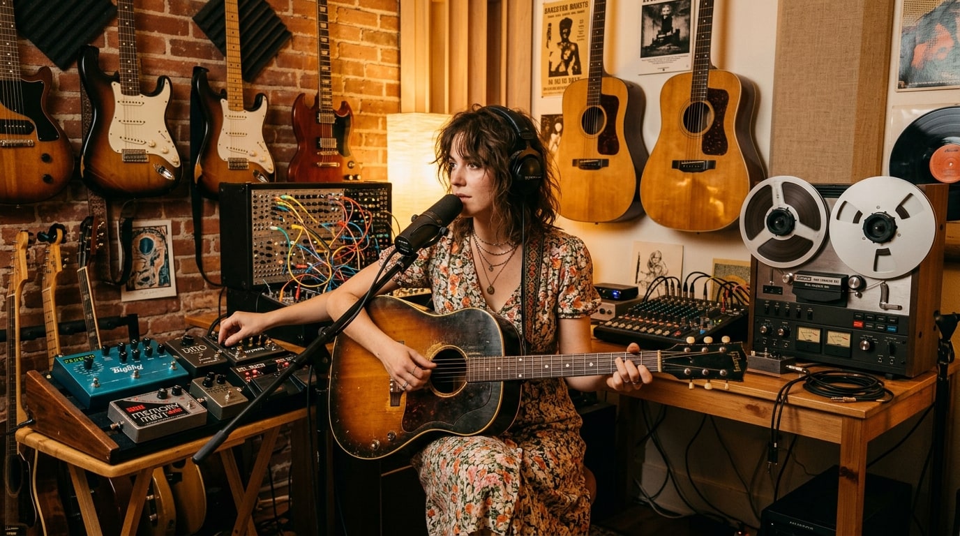 Songwriter in an Austin home studio surrounded by guitars, modular synths, loop pedals, and reel-to-reel tape.