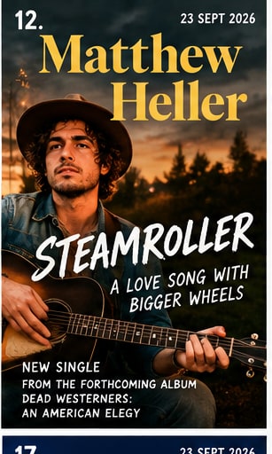 Tile 12: Matthew Heller in a wide-brimmed hat playing acoustic guitar in a dramatic rural sunset landscape.