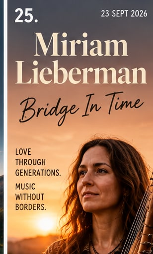 Tile 25: Miriam Lieberman in golden hour light holding and playing a West African kora with ornate beadwork.