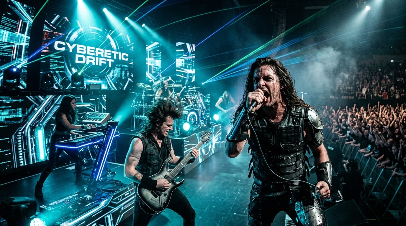 Northlane performing on a massive futuristic stage with laser lights, heavy guitars, and cybernetic digital screens.