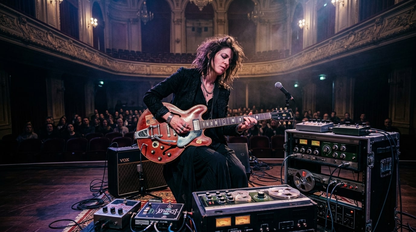 Avant-garde guitarist Adrian Utley performing with vintage electric guitar and analogue tape delays on an ornate London concert stage.