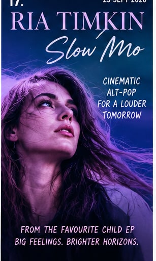 Tile 17: Ria Timkin bathed in ethereal violet and blue stage lighting with wind-blown hair.