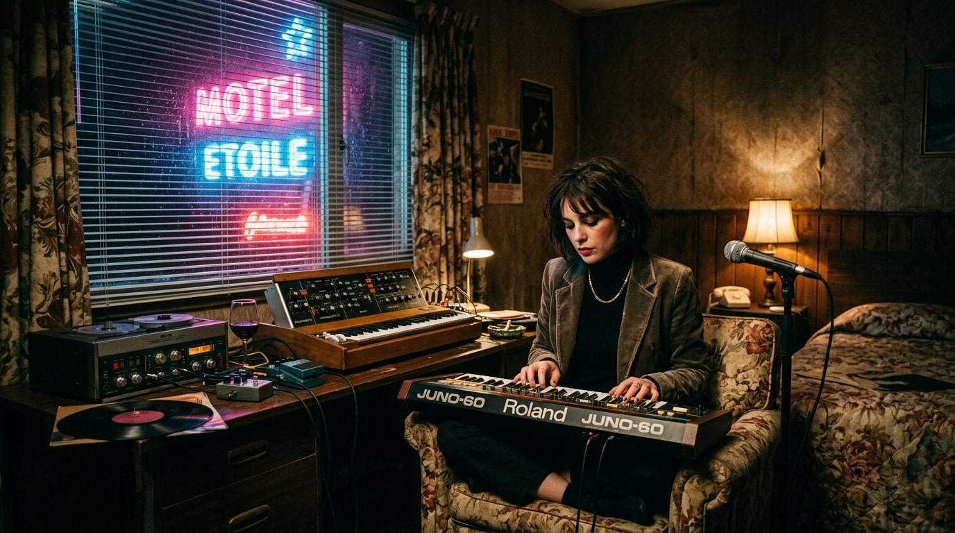 A stylish French post-punk singer playing a vintage synthesizer in a retro motel room with neon signs glowing outside the window.