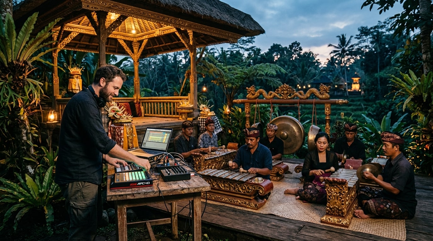 Electronic artist Satori performing with Balinese gamelan ensemble Gamelan Semara Ratih among tropical jungle flora.