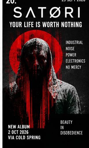 Tile 20: Mysterious hooded industrial figure against a blood-red circle and stark monochromatic background.
