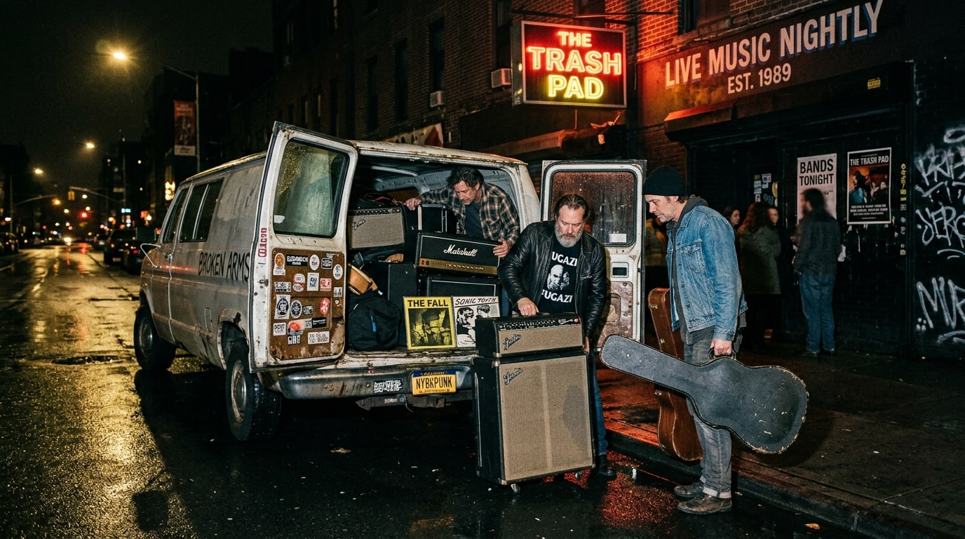 SAVAK band members loading heavy amps, guitars, and vinyl boxes into a touring van outside a gritty Brooklyn venue at night.