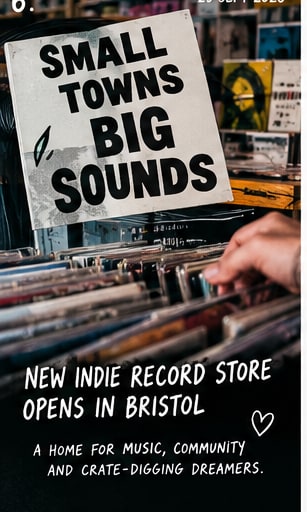 Tile 6: Indie record store interior with crates of vinyl records and a sign reading 'Small Towns Big Sounds'.