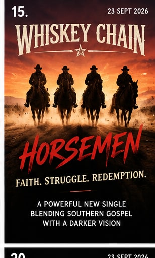 Tile 15: Four silhouetted horsemen riding across a dusty plain beneath a burning dramatic sunset sky.