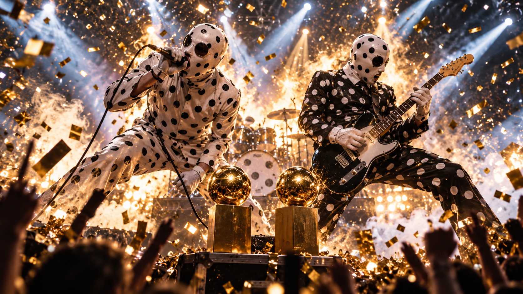Polka-dot masked math-punk duo Angine de Poitrine performing wildly under falling gold confetti with two golden trophies.