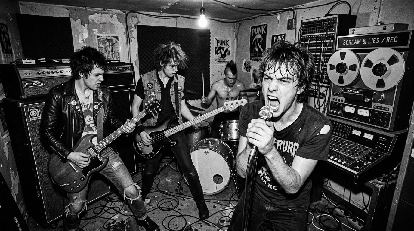 Hardcore punk band recording vigorously in a vintage 1970s studio with reel-to-reel tape and raw microphone energy.