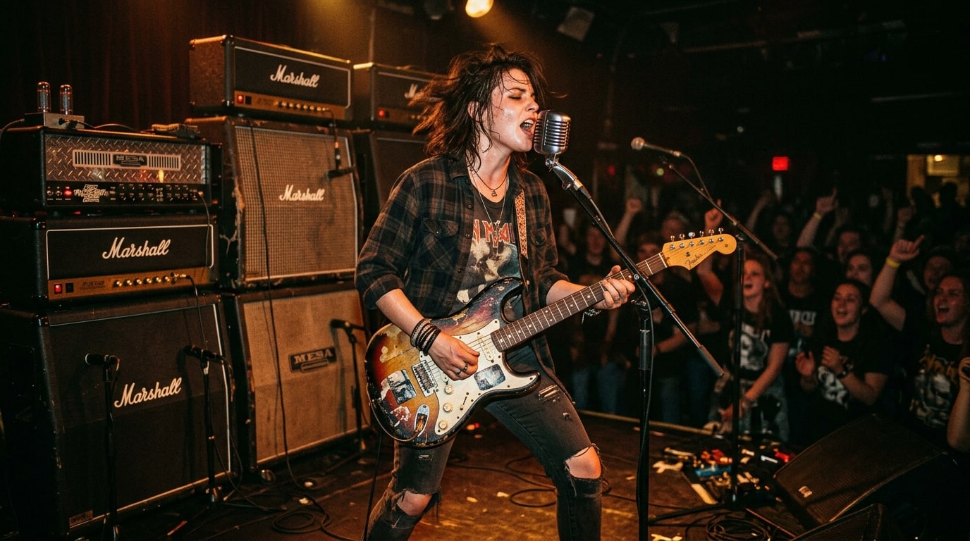Young woman singing into a vintage microphone and playing electric guitar in front of a wall of vintage Marshall amplifiers.