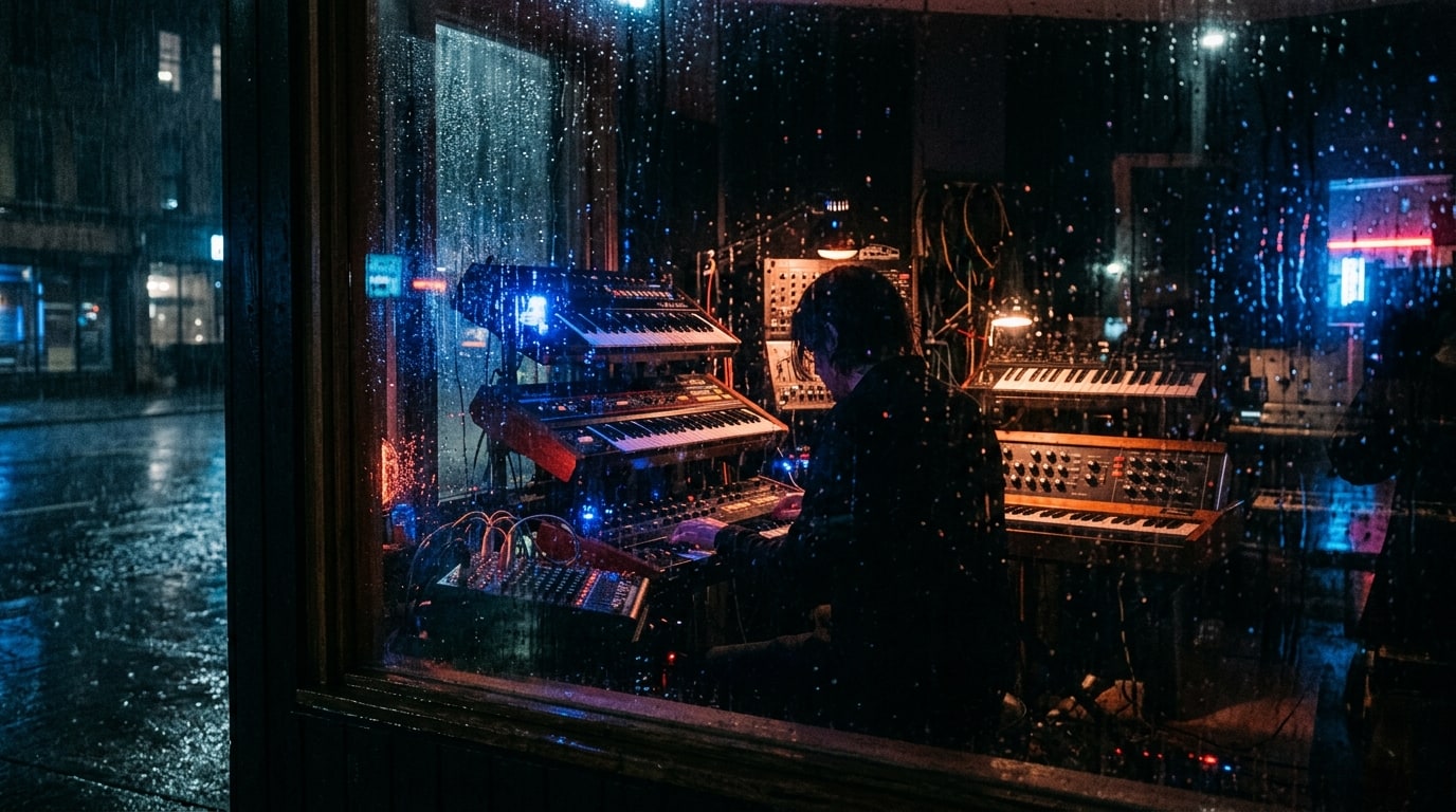 Darkwave synthesizer studio at night seen through a rain-streaked window with moody blue and red lighting.