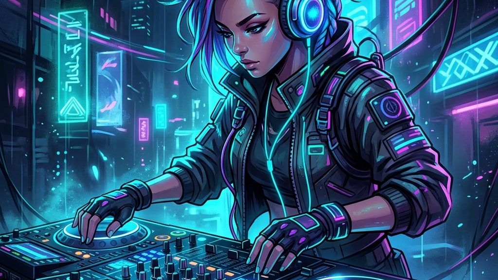 Electronic DJ and producer working at a club DJ console with turntables and headphones under vibrant cyan and violet lights.