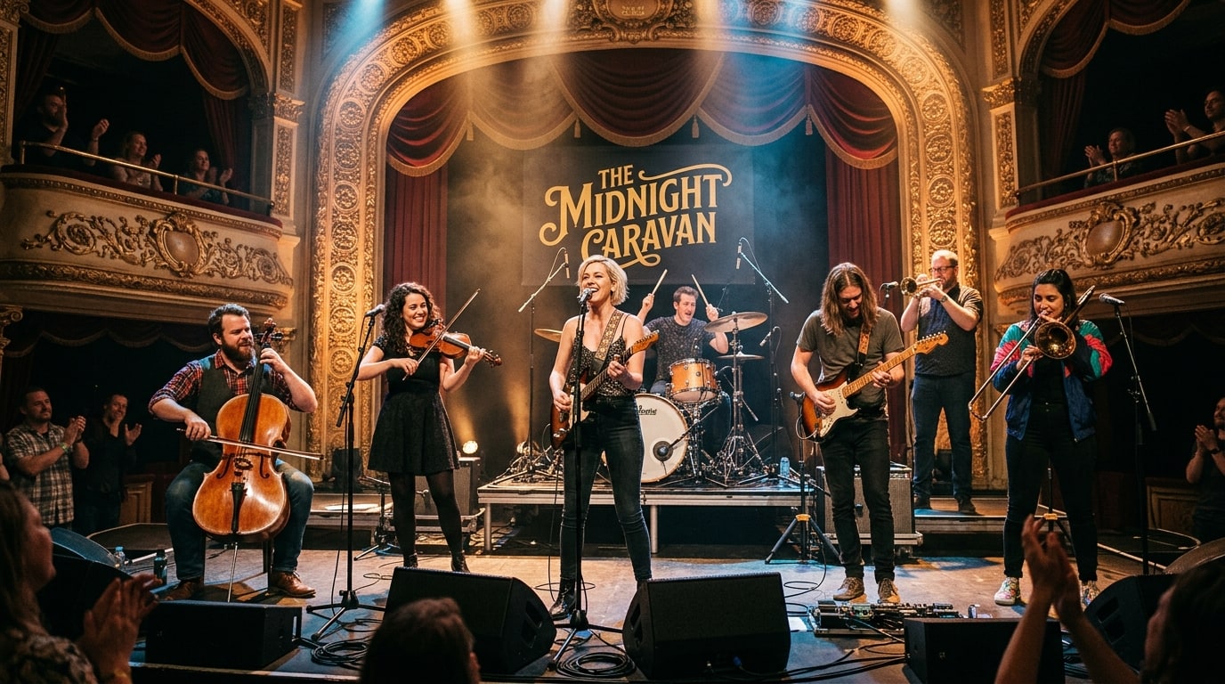 Seven-piece orchestral indie rock band performing on an ornate historic theatre stage with cello, violin, and horns.