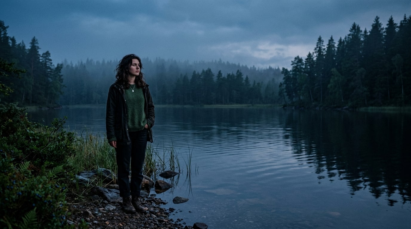 Indie musician standing beside a serene Nordic lake at twilight with gentle water ripples and pine forest.