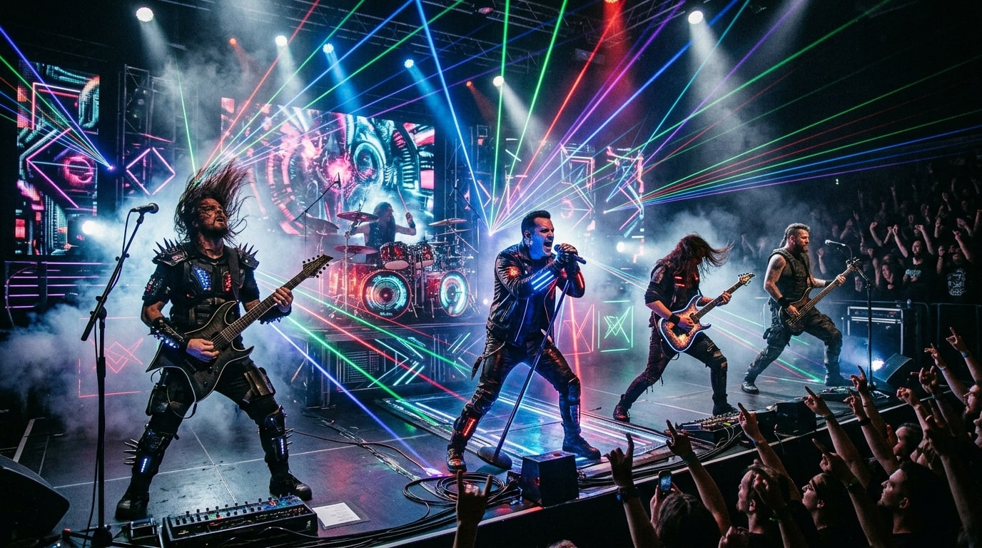 Progressive metalcore band performing on an arena stage with green and pink lasers, industrial trusses, and smoke.